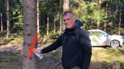 Märk ut skadade träd med sprejfärg på två sidor av stammen.

Björn Söderström, Linköpings verksamhetsområde.