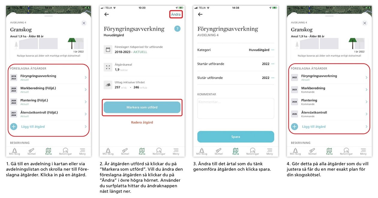 Skärmdumpar om hur man ändrar föreslagna åtgärder i appen Min skogsgård