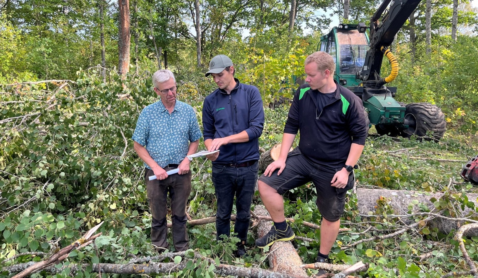 Skogsägare, skogsinspektor och entreprenör träffas ute i en vacker lövskog där de en genomför en naturvårdshuggning.