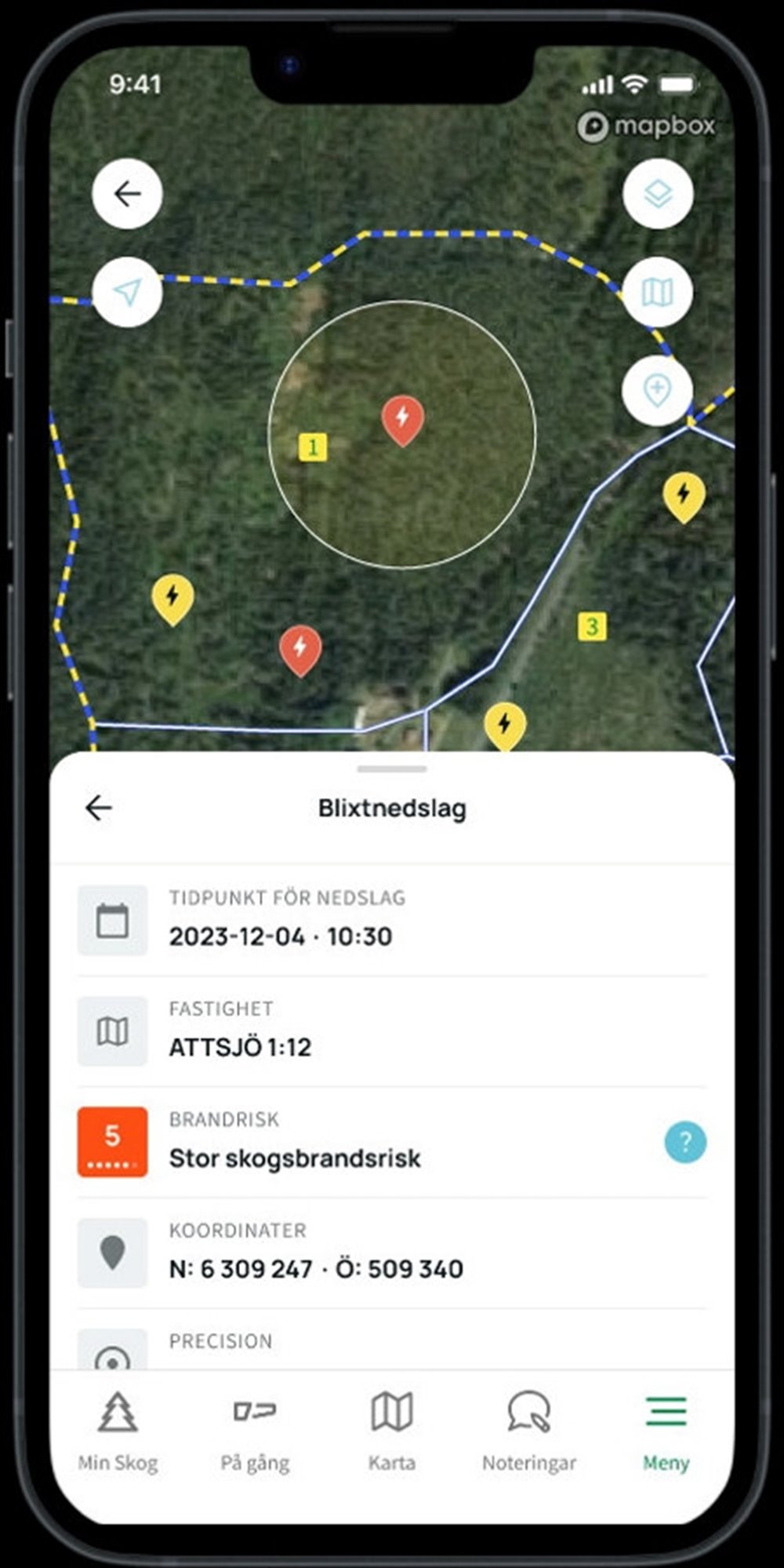 Nya funktioner för blixtövervakning i Min skogsgård app.