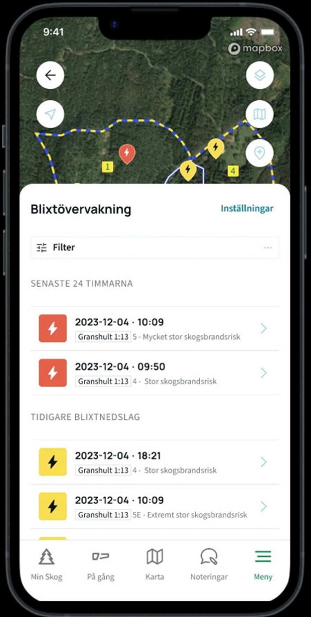 Nya funktioner för blixtövervakning i Min skogsgård app.