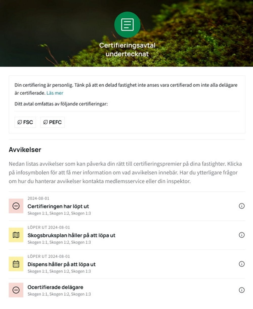 Certifieringsstatus i Min skogsgård webb